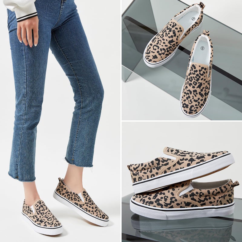 hash bubbie Women's Canvas Slip On Sneakers Fashion Flats Shoes White Canvas Shoes (Leopard, US11) - Image 5